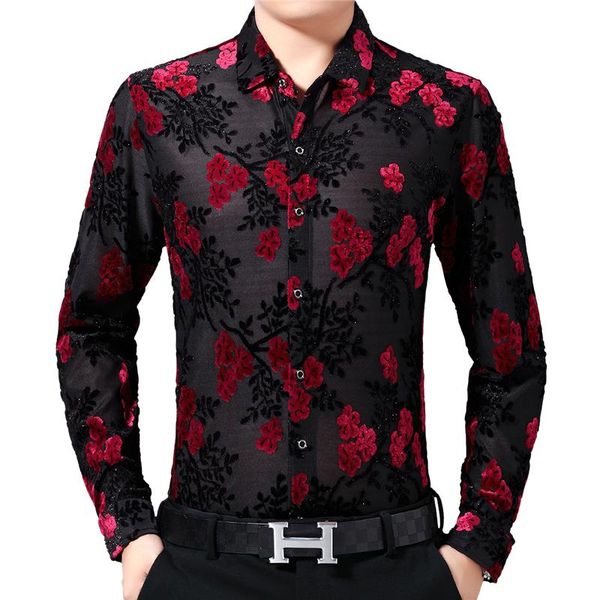 men's casual shirts camisa hombre flower print velvet shirt club party chemise homme 2021 spring long sleeve slim fit transparent men, White;black
men's casual shirts camisa hombre flower print velvet shirt club party chemise homme 2021 spring long sleeve slim fit transparent men, White;black