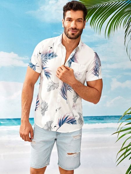 men leaf print pocket front hawaiian shirt w7kk#, White;black
men leaf print pocket front hawaiian shirt w7kk#, White;black