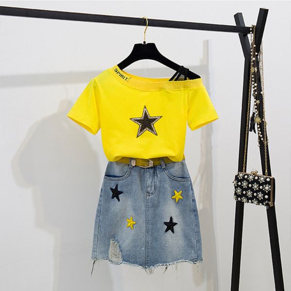 two piece dress women's ensemble in short-sleeve t-shirt, combed with two pieces five-poted star skirt jeans and large size, 2 pieces,, White
two piece dress women's ensemble in short-sleeve t-shirt, combed with two pieces five-poted star skirt jeans and large size, 2 pieces,, White