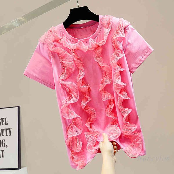 t shirt fashion pleated sweet lace stitching round neck short-sleeved t-shirt female spring summer all-matching tees, White
t shirt fashion pleated sweet lace stitching round neck short-sleeved t-shirt female spring summer all-matching tees, White