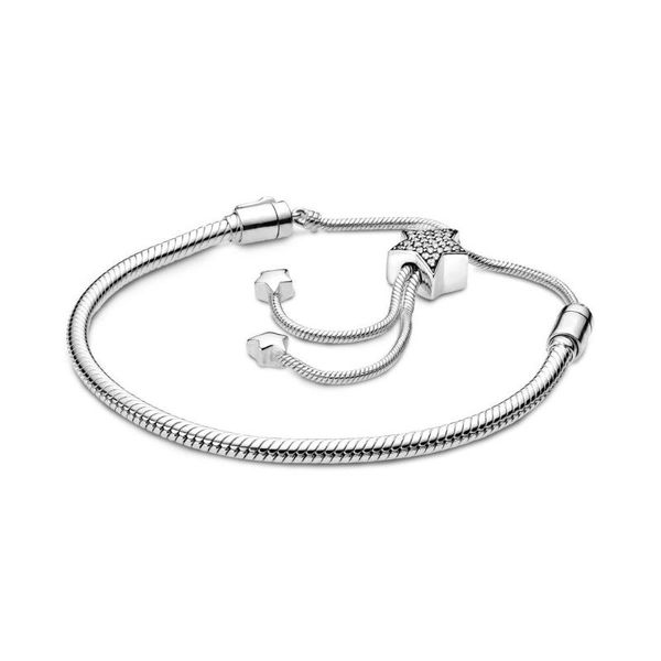 original 925 sterling silver pan moments pave bracelet star slider adjust clasp snake chain bangles bead charm jewelry gift bracelets, Golden;silver