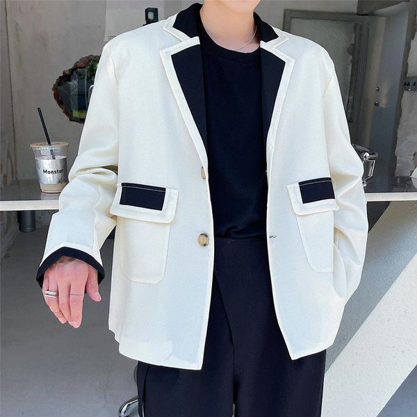 men's suits & blazers 2021 autumn contrast color stitching suit coat korean style french casual notched blazer single breasted, White;black
men's suits & blazers 2021 autumn contrast color stitching suit coat korean style french casual notched blazer single breasted, White;black