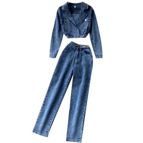 vintage spring autumn short denim jacket+high wasit jeans women two piece sets women's, Blue
vintage spring autumn short denim jacket+high wasit jeans women two piece sets women's, Blue