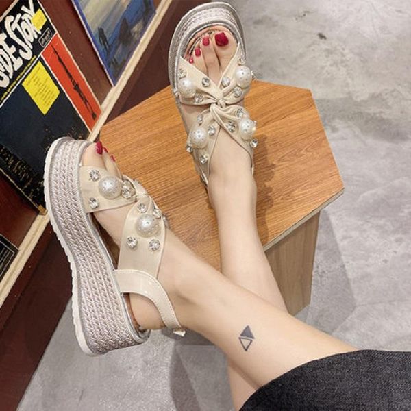 sandals thick-soled slope with non-slip comfortable high-heeled ladies summer sweet pearl rhinestone casual shoes., Black
sandals thick-soled slope with non-slip comfortable high-heeled ladies summer sweet pearl rhinestone casual shoes., Black