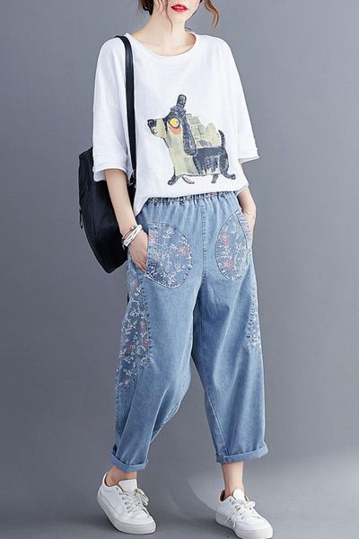 denim pants women summer literary l printed floral thin jeans female loose high waist casual elastic lantern, Blue
denim pants women summer literary l printed floral thin jeans female loose high waist casual elastic lantern, Blue