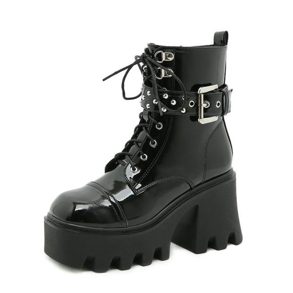boots patent leather dark knight for women platform heel thick soled ankle buckle lace up modern high heels, Black
boots patent leather dark knight for women platform heel thick soled ankle buckle lace up modern high heels, Black
