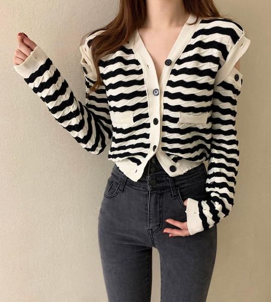 women's knits & tees striped knitwear korean autumn v-neck off shoulder long sleeve sweater single-breasted short knitted cardigan, White
women's knits & tees striped knitwear korean autumn v-neck off shoulder long sleeve sweater single-breasted short knitted cardigan, White