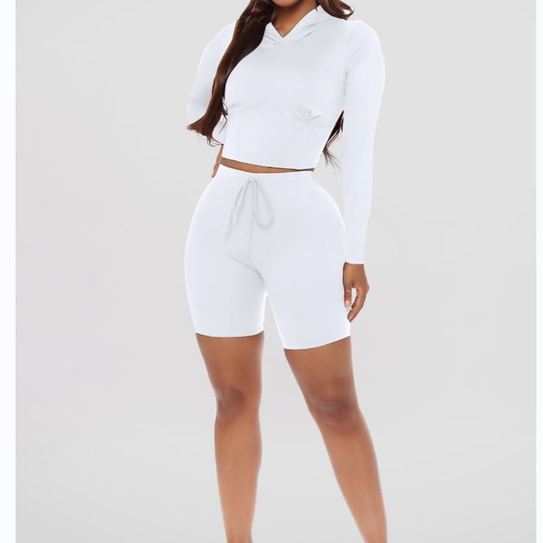 New autumn fashion solid color hooded shorts waist slim trendy sports suit, White
New autumn fashion solid color hooded shorts waist slim trendy sports suit, White