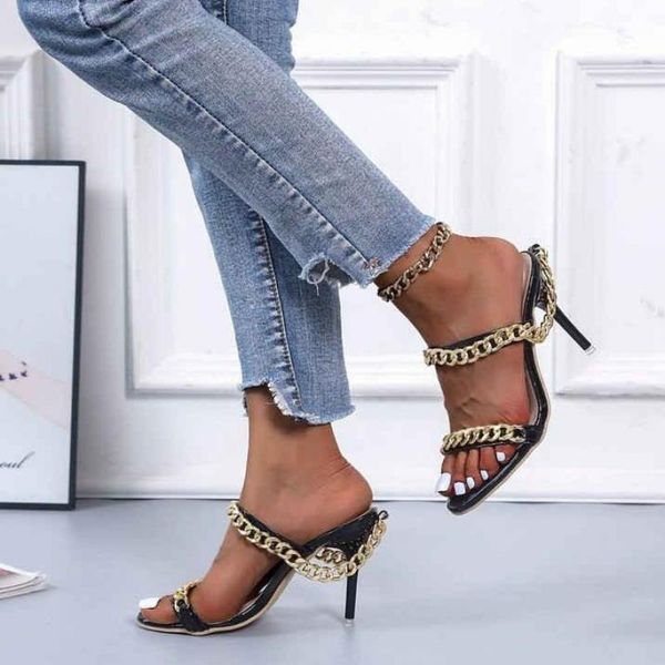 sandals open toe stilettos women's shoes metal decoration chain high heels party dress ladies casual gladiator, Black 
sandals open toe stilettos women's shoes metal decoration chain high heels party dress ladies casual gladiator, Black