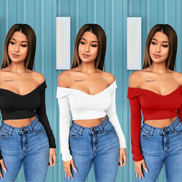 women's t-shirt wantmove off the shoulder v neck long sleeve autumn club party crop am829, White
women's t-shirt wantmove off the shoulder v neck long sleeve autumn club party crop am829, White