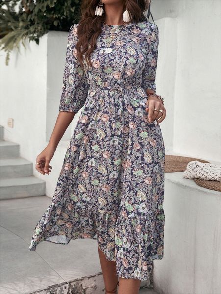 random floral & paisley print puff sleeve ruffle hem belted dress 92rt#, Black;gray
random floral & paisley print puff sleeve ruffle hem belted dress 92rt#, Black;gray