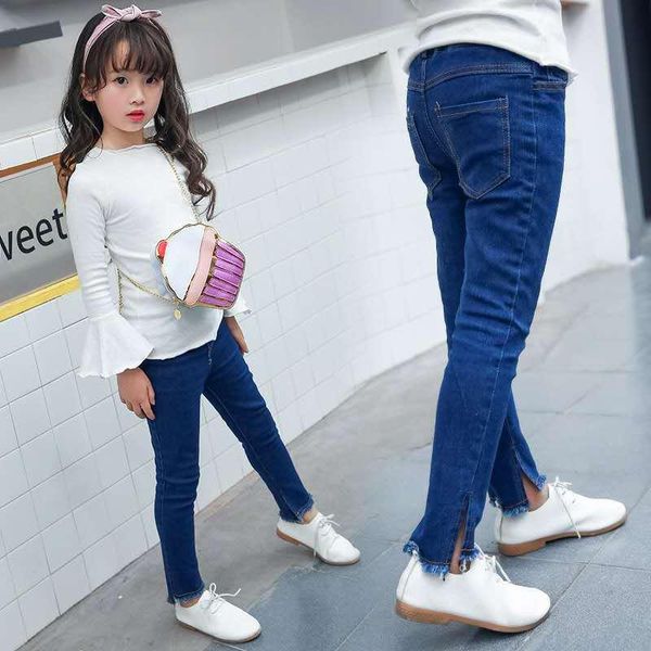 jeans spring and autumn girl pants cotton mid-waist rubber band belt solid color split pocket casual trousers, Blue
jeans spring and autumn girl pants cotton mid-waist rubber band belt solid color split pocket casual trousers, Blue