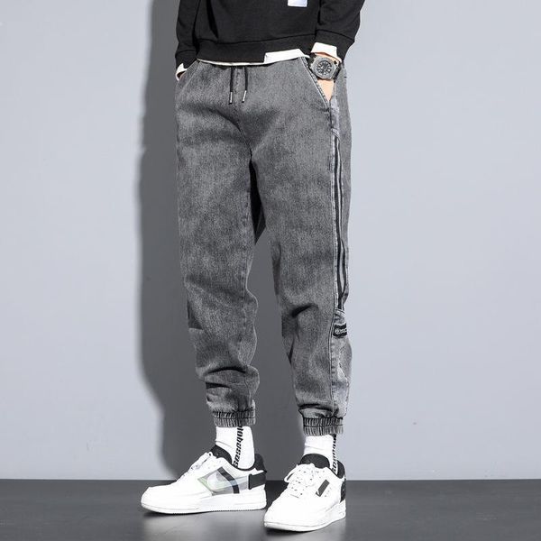 men's pants autumn and winter street simple loose casual personality gray stitching elastic waist jeans overalls, Black
men's pants autumn and winter street simple loose casual personality gray stitching elastic waist jeans overalls, Black