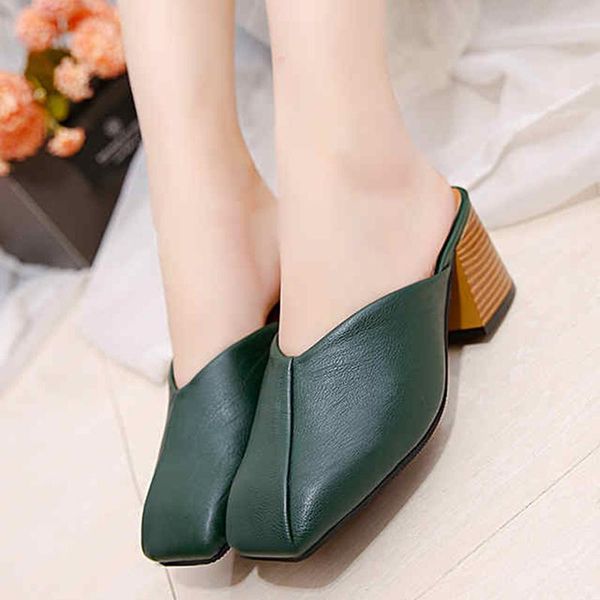 green pu leather shallow baotou square heel slippers elegant non-slip sewing women shoes peep toe sandals office, Black
green pu leather shallow baotou square heel slippers elegant non-slip sewing women shoes peep toe sandals office, Black