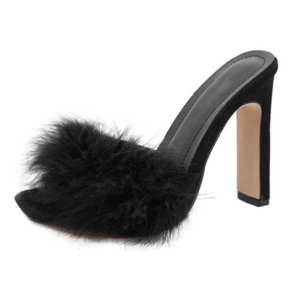 fashion mules heels women feather slippers ladies high furry sandals square toe non-slip summer outdoor slides, Black
fashion mules heels women feather slippers ladies high furry sandals square toe non-slip summer outdoor slides, Black