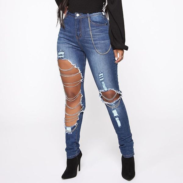 summer all-match women streetwear ripped denim trousers fashion simple high waist pencil jeans long pants with chain women's, Blue
summer all-match women streetwear ripped denim trousers fashion simple high waist pencil jeans long pants with chain women's, Blue