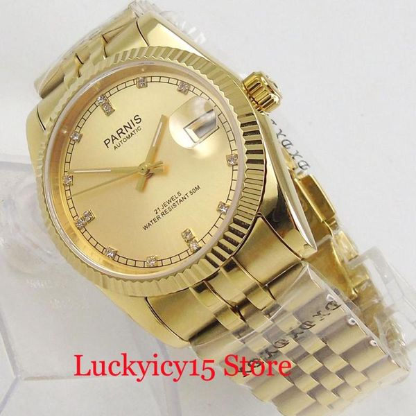 luxury 36mm gold watch case 21 jewels miyota 8215 auto date sapphire glass braccelet self winding men's wristwatches, Slivery;brown 
luxury 36mm gold watch case 21 jewels miyota 8215 auto date sapphire glass braccelet self winding men's wristwatches, Slivery;brown