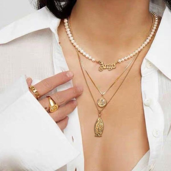 pendant necklaces multilayer letter portrait coin imitation pearl choker necklace for women stainless steel gold color trendy jewelry, Silver
pendant necklaces multilayer letter portrait coin imitation pearl choker necklace for women stainless steel gold color trendy jewelry, Silver