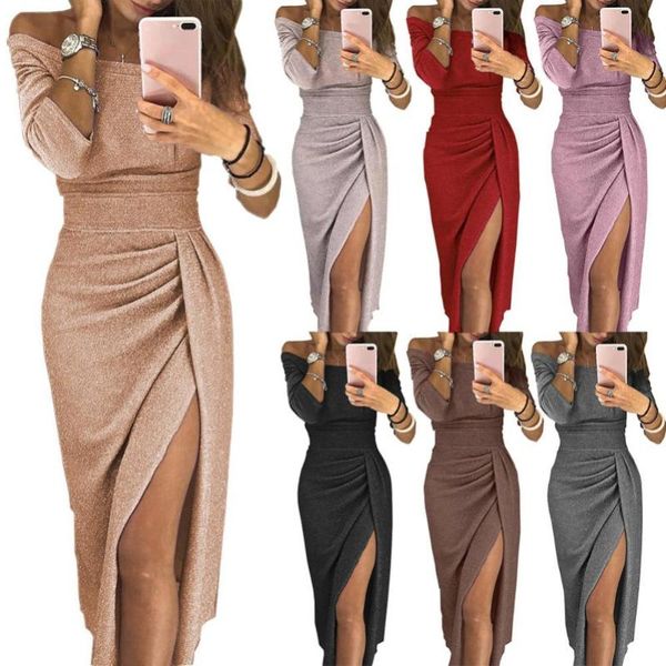 evening party women bright off shoulder 3/4 sleeve high split maxi dress casual dresses, Black;gray
evening party women bright off shoulder 3/4 sleeve high split maxi dress casual dresses, Black;gray