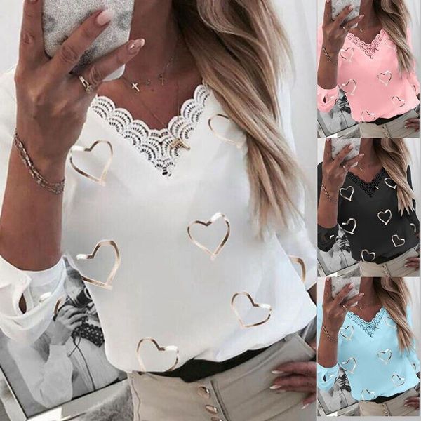 women fashion lace heart print v-neck long sleeves casual blouses plus size loose shirt, White
women fashion lace heart print v-neck long sleeves casual blouses plus size loose shirt, White