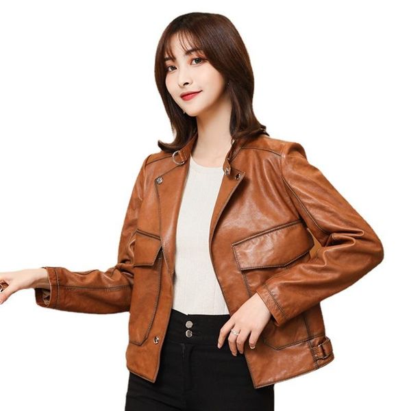 women's leather & faux genuine sheepskin suede jacket autumn women short moto suit lf21010bm, Black
women's leather & faux genuine sheepskin suede jacket autumn women short moto suit lf21010bm, Black