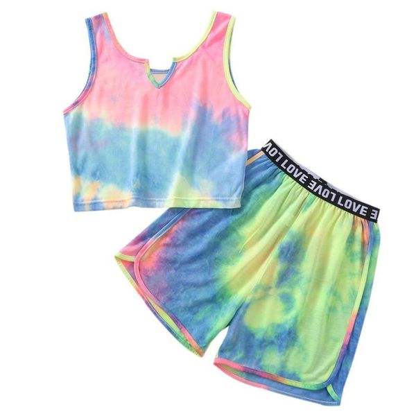 running sets kids girls summer sport set sleeveless hollow neckline crop vest with elastic waistband shorts children tie dye 2pcs outfit, Black;blue
running sets kids girls summer sport set sleeveless hollow neckline crop vest with elastic waistband shorts children tie dye 2pcs outfit, Black;blue