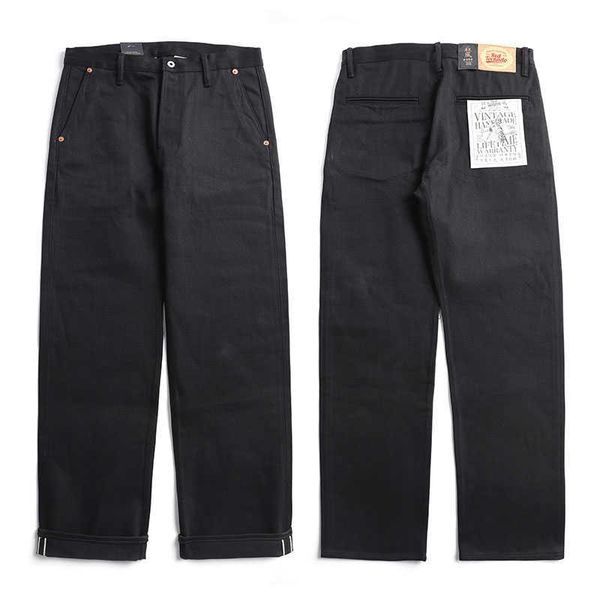 men's jeans black red officer pants selvedge denim chino relaxed fit, Blue