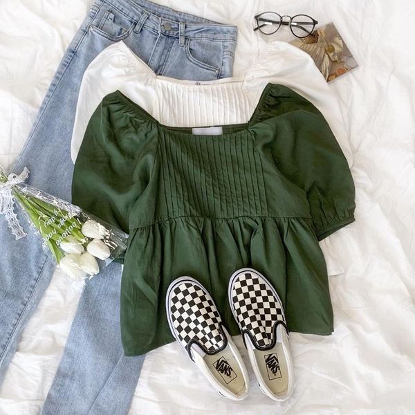 women's blouses & shirts dark green retro style summer square collar puff sleeve slim all-match shirt, White
women's blouses & shirts dark green retro style summer square collar puff sleeve slim all-match shirt, White