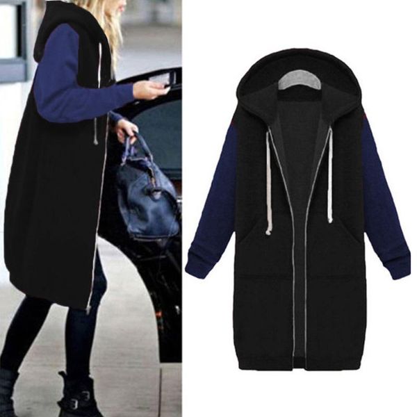 women jacket zipper pocket long sweatshirt casual fashion solid sleeve coat female loose warm hooded outwear plus size women's jackets, Black;brown 
women jacket zipper pocket long sweatshirt casual fashion solid sleeve coat female loose warm hooded outwear plus size women's jackets, Black;brown