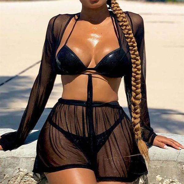 women's swimwear 2 pcs woman's set tulle midriff-baring lace-up smock, solid color perspective shorts, White;black
women's swimwear 2 pcs woman's set tulle midriff-baring lace-up smock, solid color perspective shorts, White;black