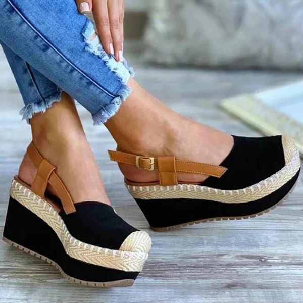 sandals womens solid color suede stitching woven slope heel buckle round toe high-heeled fashion trend elegant all-match, Black
sandals womens solid color suede stitching woven slope heel buckle round toe high-heeled fashion trend elegant all-match, Black