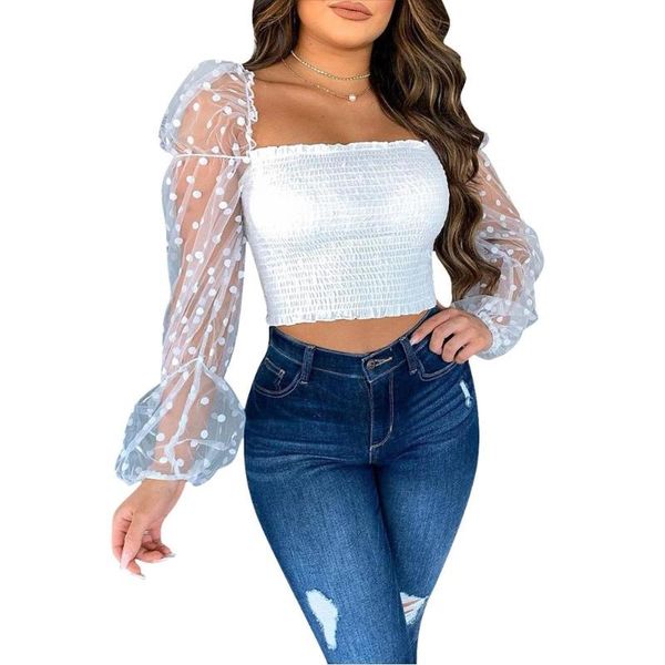 women's blouses & shirts square neck lace sleeve dots elegant casual shirt for ladies, White
women's blouses & shirts square neck lace sleeve dots elegant casual shirt for ladies, White