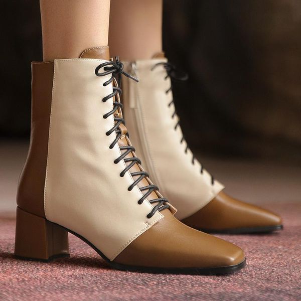 boots women's genuine leather mix color patchwork lace-up thick med heel autumn ankle square toe warm plush short booties shoes, Black
boots women's genuine leather mix color patchwork lace-up thick med heel autumn ankle square toe warm plush short booties shoes, Black
