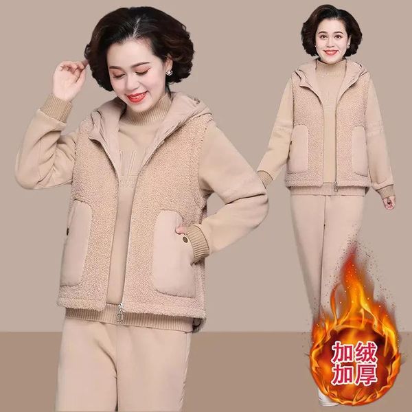 women's two piece pants middle aged mom three set women autumn winter thicken tracksuit plus size casual faux lambswool hooded waistcoa, White
women's two piece pants middle aged mom three set women autumn winter thicken tracksuit plus size casual faux lambswool hooded waistcoa, White