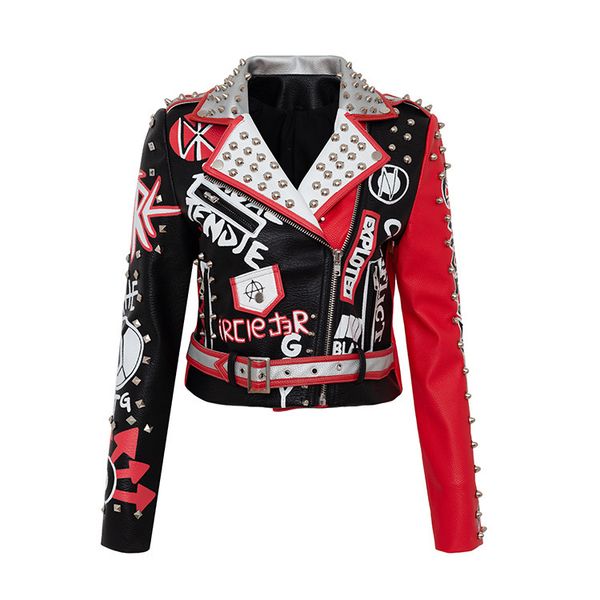 leather jacket slim coat short graffiti print contrast color motorcycle women pu, Black
leather jacket slim coat short graffiti print contrast color motorcycle women pu, Black
