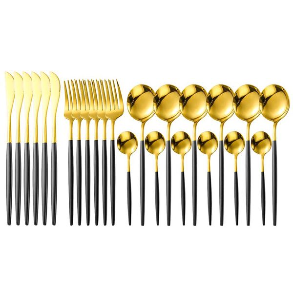 dinnerware sets 24pcs/set black gold set stainless steel cutlery knife fork spoon flatware tableware silverware drop