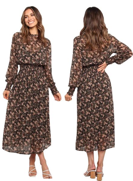 women's dresses print chiffon in early autumn 2021, Black;gray