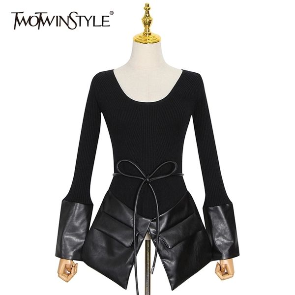 black patchwork pu leather sweater for women o neck long sleeve lace up bowknot casual sweaters female fashion 210524, White;black
black patchwork pu leather sweater for women o neck long sleeve lace up bowknot casual sweaters female fashion 210524, White;black