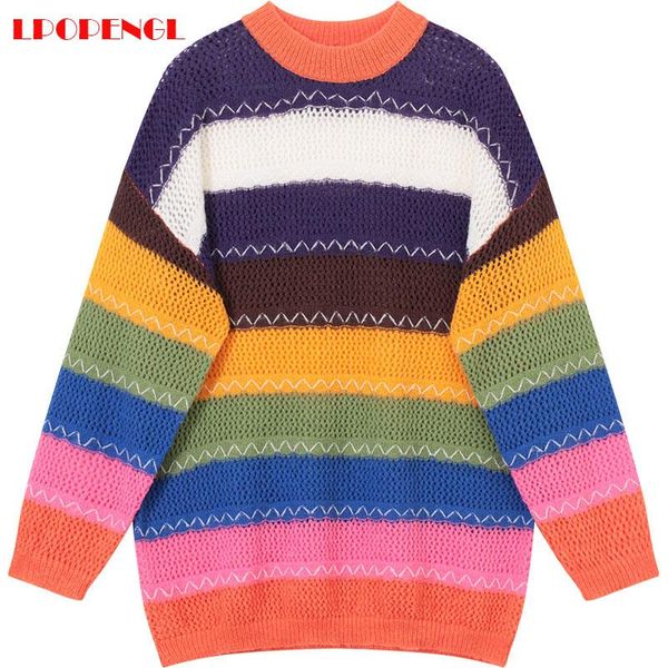 women's sweaters rainbow striped sweater pullover long-sleeved autumn and winter 2021 loose women, White;black
women's sweaters rainbow striped sweater pullover long-sleeved autumn and winter 2021 loose women, White;black