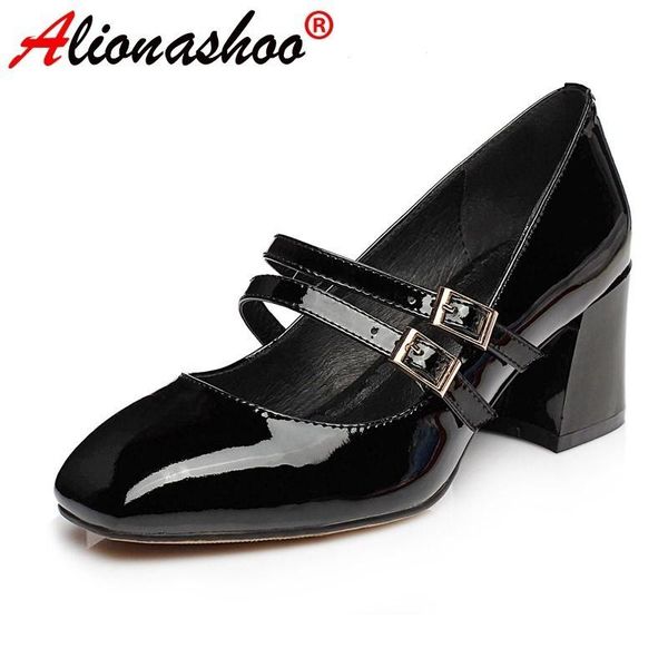 dress shoes women ankle strap pumps thick heel party strange real patent leather buckle size 34-39, Black
dress shoes women ankle strap pumps thick heel party strange real patent leather buckle size 34-39, Black