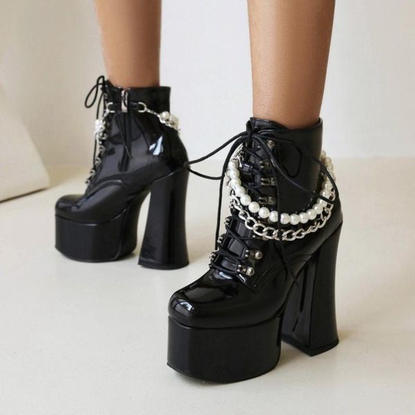 boots olome womens round toe ankle metal pearls chain block 15cm high heel platform shoes punk motorcycle plus size, Black