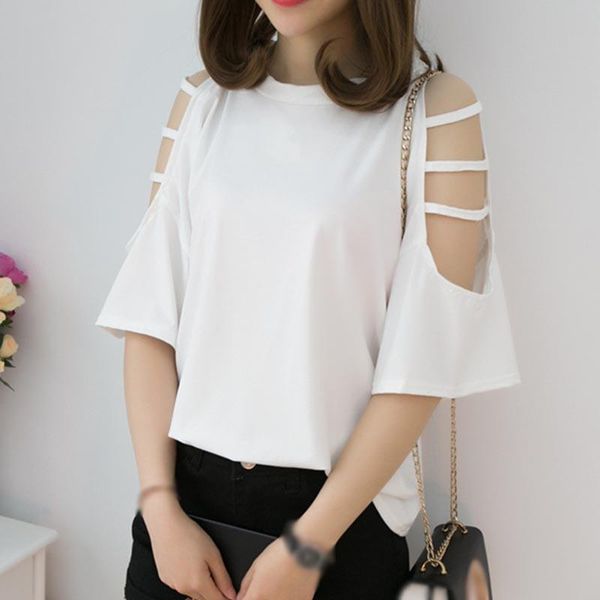 women's t-shirt simple pure color women hollow out half sleeve loose office lady party club top, White
women's t-shirt simple pure color women hollow out half sleeve loose office lady party club top, White