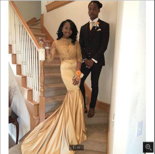 gold satin mermaid prom dresses beaded lace appliques high neckline with long sleeve modest evening gowns court train muslim, Black
gold satin mermaid prom dresses beaded lace appliques high neckline with long sleeve modest evening gowns court train muslim, Black