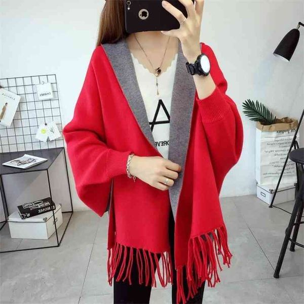 spring and autumn mid-length hooded cape shawl sweater fringed jacket women's bat shirt 210427, White;black
spring and autumn mid-length hooded cape shawl sweater fringed jacket women's bat shirt 210427, White;black