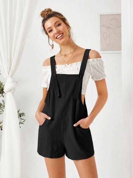 slant pocket solid overall romper o20f#, White