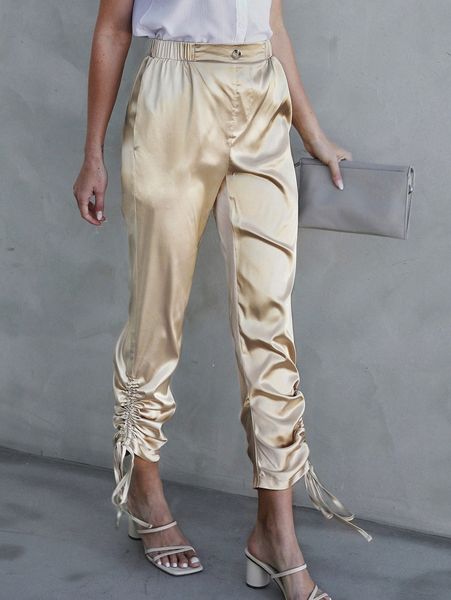 drawstring hem fake button satin pants s4lv#, Black;white 
drawstring hem fake button satin pants s4lv#, Black;white