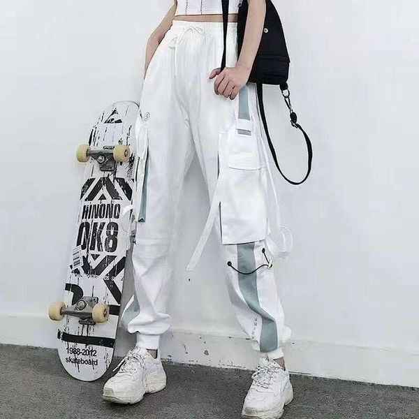 women cargo pants ribbon pocket jogger elastic waist high hip hop streetpants chain females trousers men's, Black
women cargo pants ribbon pocket jogger elastic waist high hip hop streetpants chain females trousers men's, Black