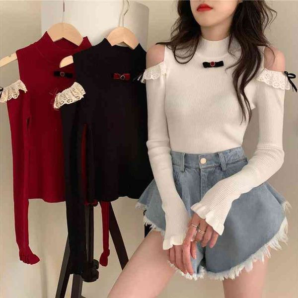 woman sweaters lace bow hollow out shoulder-baring sweater slim femme chandails pull hiver, White;black
woman sweaters lace bow hollow out shoulder-baring sweater slim femme chandails pull hiver, White;black