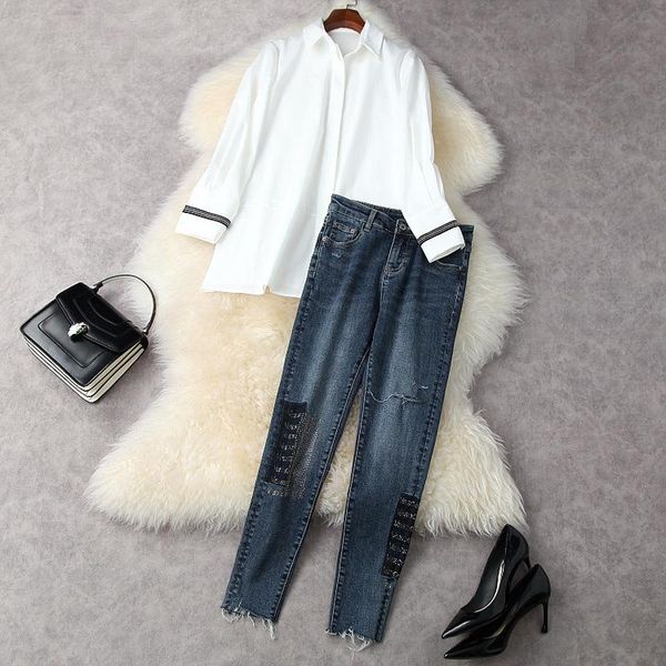 women's clothing set spring summer 2021 turn down collar long sleeved loose shirt + denim jeans mid-calf length 2pcs two piece pants, White
women's clothing set spring summer 2021 turn down collar long sleeved loose shirt + denim jeans mid-calf length 2pcs two piece pants, White