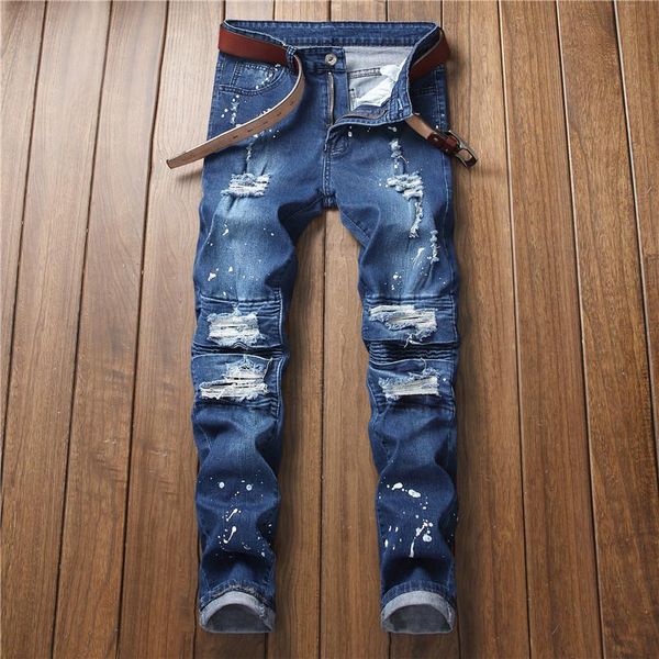 men's jeans streetwear men splashing ink ripped distressed motorcycle skinny biker knee pleated holes stretch denim trousers, Blue
men's jeans streetwear men splashing ink ripped distressed motorcycle skinny biker knee pleated holes stretch denim trousers, Blue